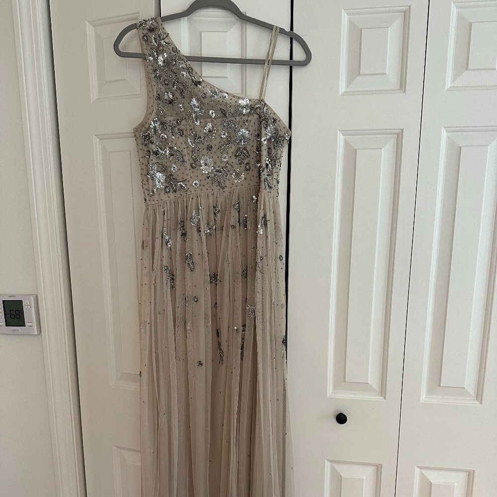 ADRIANNA PAPELL One Shoulder Dress with Sequin Floral Detail - Size 10
